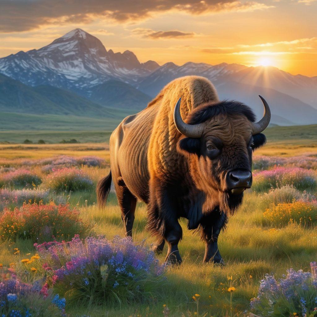 A majestic buffalo standing proudly on a vast grassy plain at sunrise, with golden rays illuminating its rugged fur and surrounding wildflowers. In the background, a breathtaking landscape of mountains and blue skies paints a perfect harmony of nature. Incorporate a sense of adventure with a photographer in the foreground capturing the moment. Nature-inspired hues, vibrant colors, and a hint of ethereal mist create a magical atmosphere. super-realistic. vibrant colors.