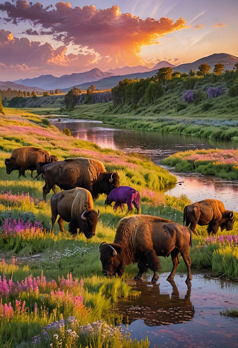A breathtaking scene of a herd of majestic bison grazing in a lush green meadow under a vibrant sunset. Include a river flowing in the background, reflecting the warm colors of the sky, with some wildflowers in the foreground. Capture the essence of tranquility and wild beauty, showcasing the bison's powerful presence in their natural habitat. vibrant colors. super-realistic. large landscape.