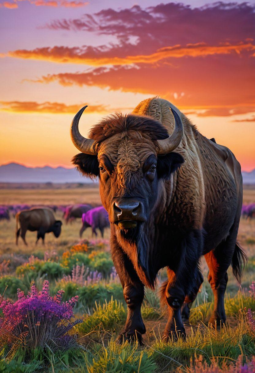 A breathtaking landscape capturing a vast, golden prairie with grazing buffalo silhouetted against a colorful sunset. In the foreground, a photographer with a camera is skillfully framing a buffalo portrait, showcasing the majestic animal’s features. The scene evokes a sense of tranquility and the artistry of wildlife photography. super-realistic. vibrant colors. natural lighting.